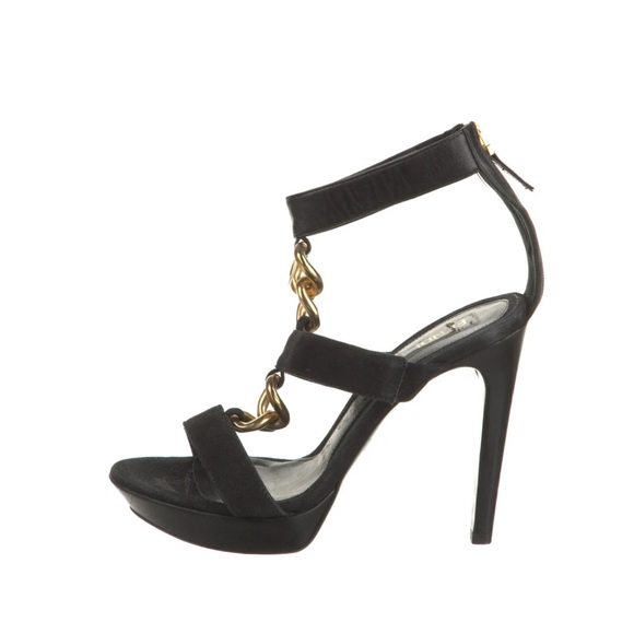 Fendi Shoes - Fendi Zucca FF Logo Black High Heel Platform Sandals with Gold Chain Detail